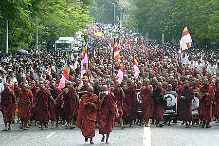 Buddhist monks protesting in Yangon
